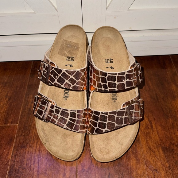 Birkenstock Shoes - Birkenstock Arizona Croc-Print Double Strap Sandals in Chrome Brown